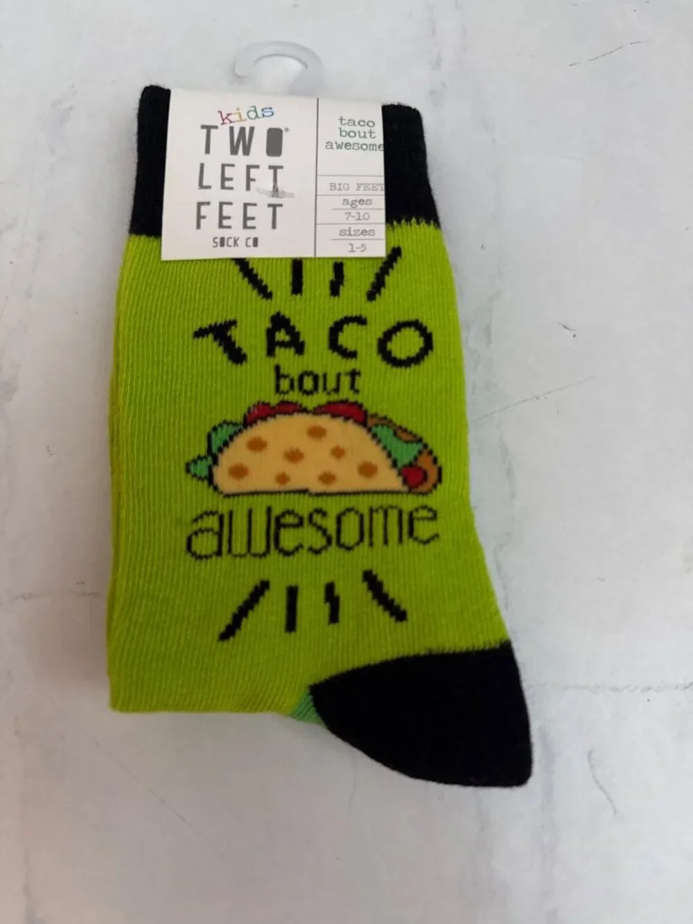 Taco Bout Awesome Kids Socks By Two Left Feet Neon Green Ages 7-10 Sizes 1-5